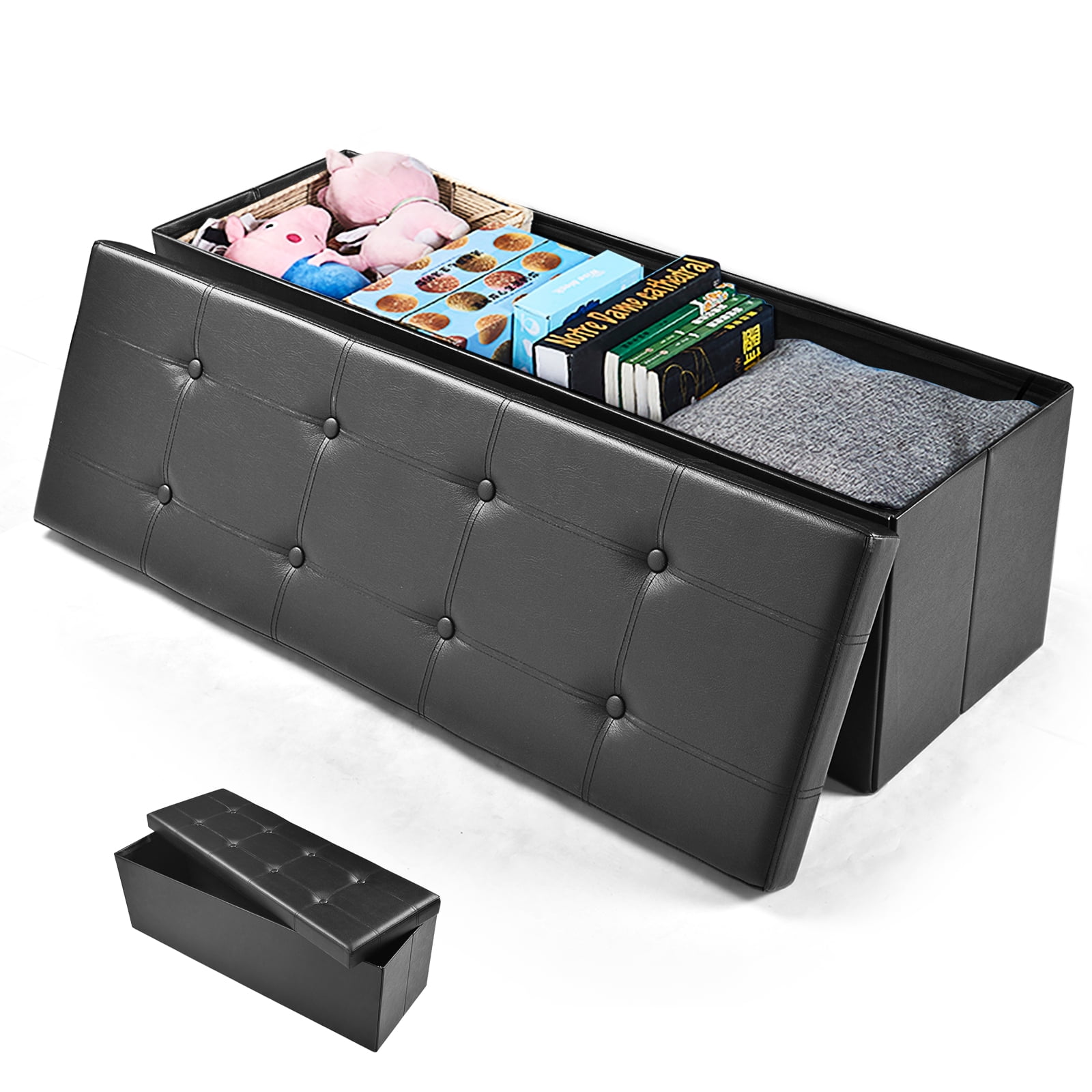 Coelon 45" Foldable Storage Ottoman Bench, Tufted Leather Large Storage Chest with Divider Black