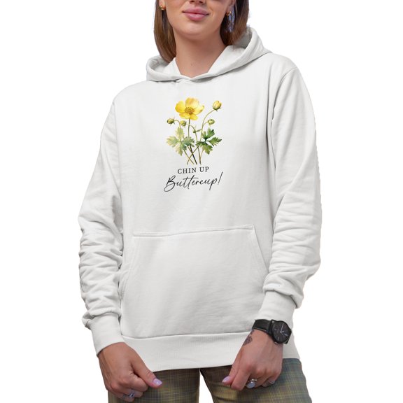 Chin Up, Buttercup with Watercolor Yellow Buttercup Flower Art Merch Gift, White Hooded Sweatshirt or Hoodie, Small