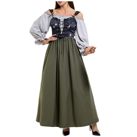 Efsteb Women Medieval Dresses with Corset Puff Long Sleeve Dress Cold Shoulder Renaissance Peasant Maxi Dress Party Gown (Army Green,XL)