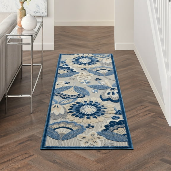 Nourison Aloha Indoor/Outdoor Floral Contemporary Blue/Grey 2' x 6' Area Rug, (2' x 6')