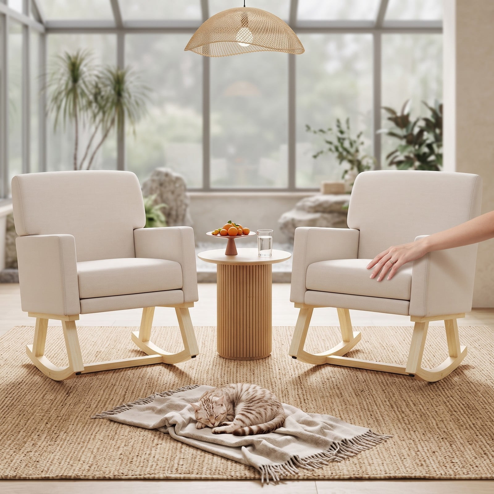 Furnibear Upholstered Rocking Chair with Solid Rubber Wood Base, High Back Padded Glider Nursery Accent Rocker for Living Room Bedroom, 350 lbs Capacity, Beige