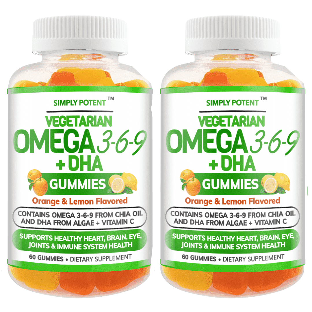 Simply Potent Omega 3 6 9 Gummies for Men Women & Kids, Vegetarian DHA from Algae, No Fish No Krill, 60 Gummies, 2-Pack