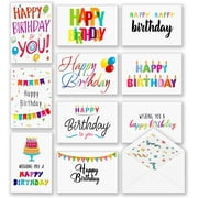 100 Happy Birthday Cards, Large Assorted Greeting Notes with Envelopes and Stickers, 10 Unique Designs, 5x7 Inch, Thick Card Stock Bulk Box Set, Blank Inside