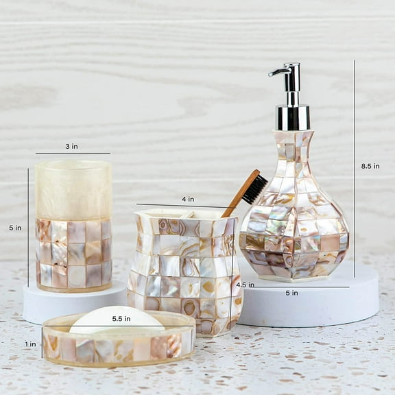 4 Piece Bathroom Accessory Set with Natural Mother of Shells - Decorative Soap Dispenser, Toothbrush Holder, Tumbler & Soap Dish