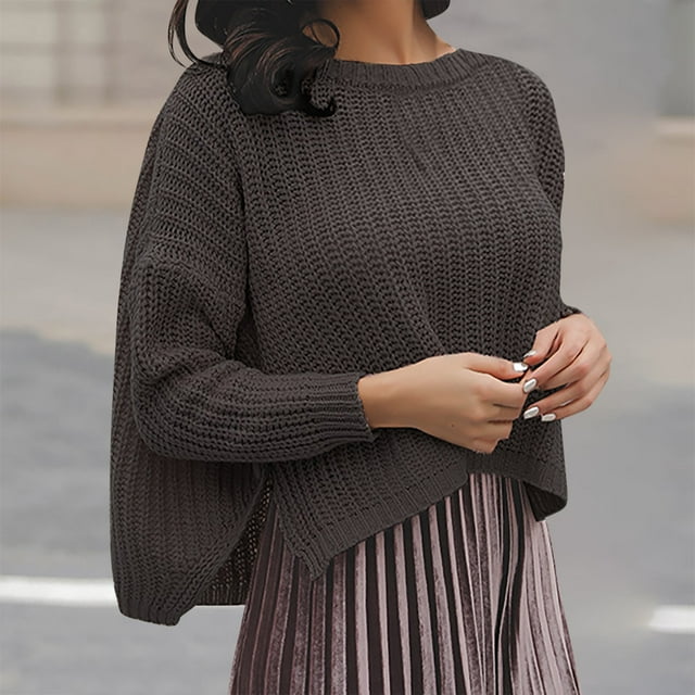 Cameland Chandail pour Femme Chandail Uni à Col Rond pour Femme avec Bas Chandail Tricoté Fendu à Boutons Chandail Court