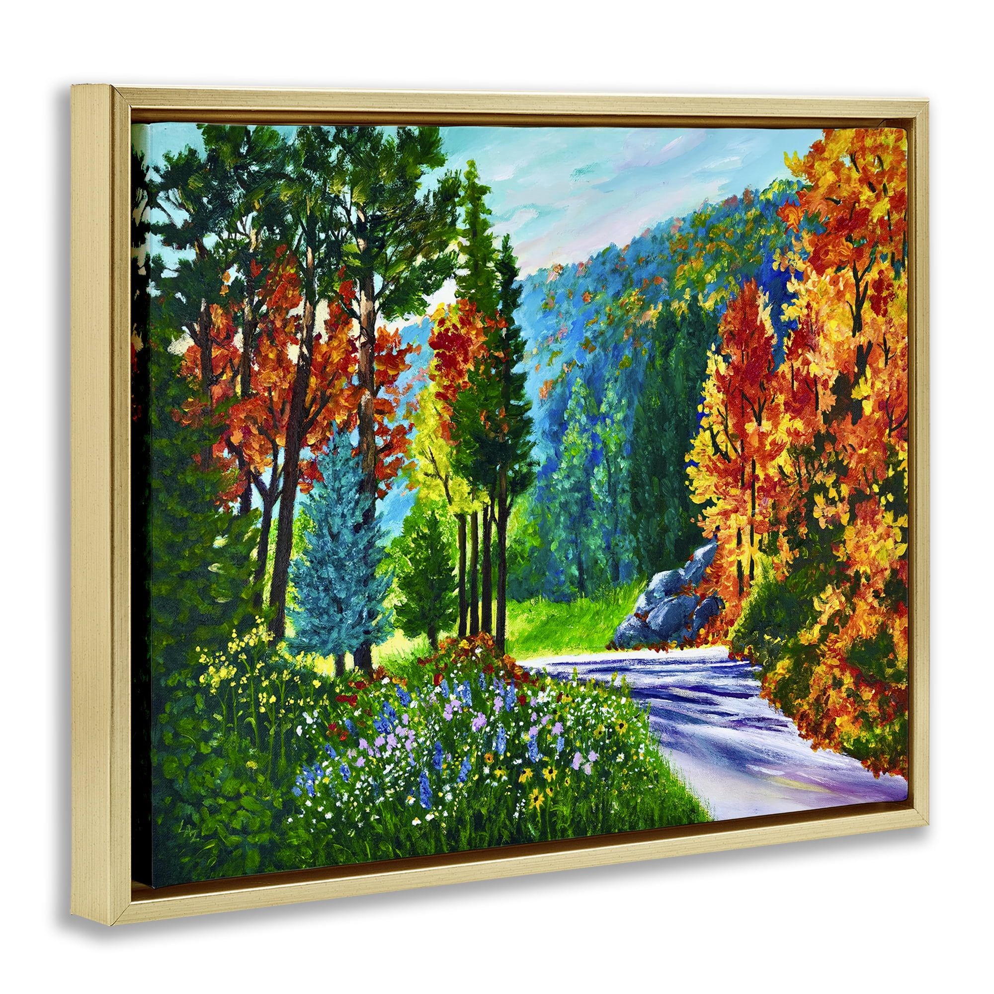 Stupell Industries Sunlit Autumn Woodland Pathway Gold Framed Floater Canvas Wall Art, design by Lee Ann Zirbes