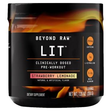 Beyond Raw Lit Pre-Workout Powder, Strawberry Lemonade, 250mg Caffeine, 7.20 oz, 15 servings