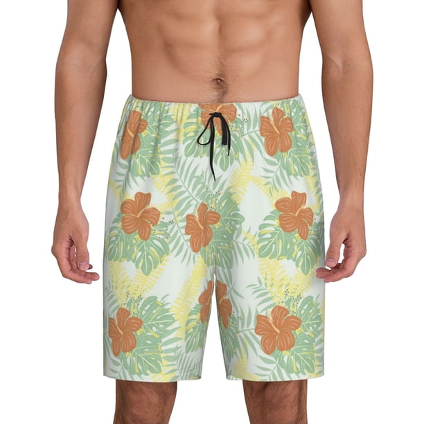 Balery Tropical Flowers Pantalones cortos de pijama de punto de algodón para hombre con cinturilla y bolsillos-Large
