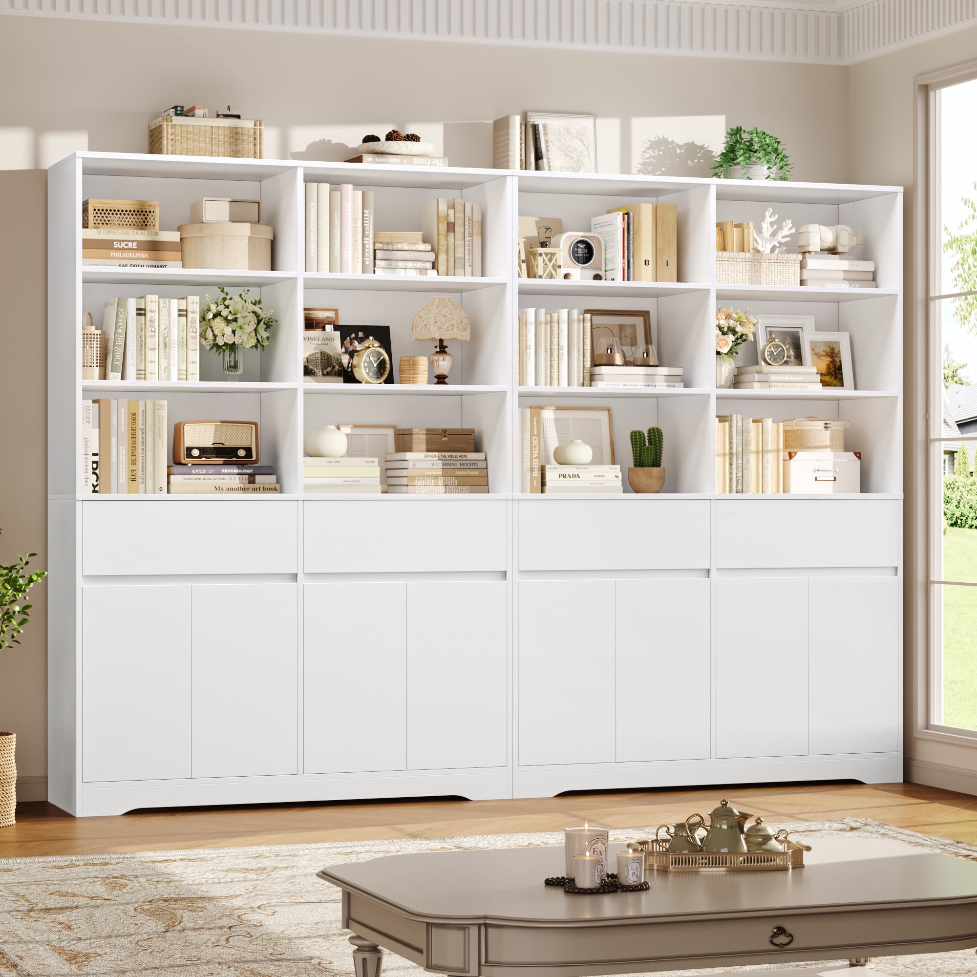 Hiphuta 69"H Modern Bookcases with Doors & Drawers, Large Wooden Display Shelf for Home Office, Wooden Storage Bookshelf for Living Room, White