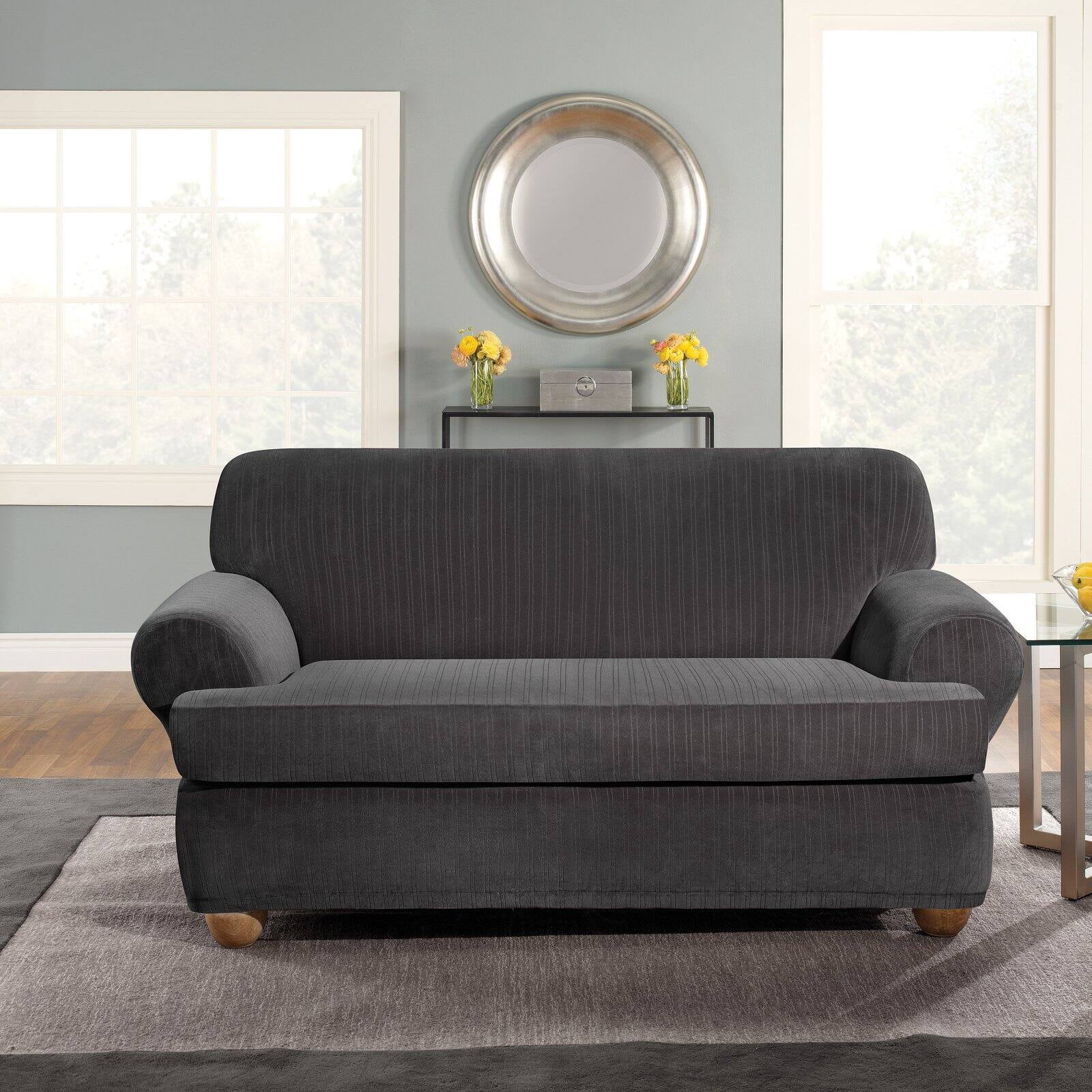 Surefit Stretch Pinstripe 2Piece TCushion Loveseat Slipcover, Black