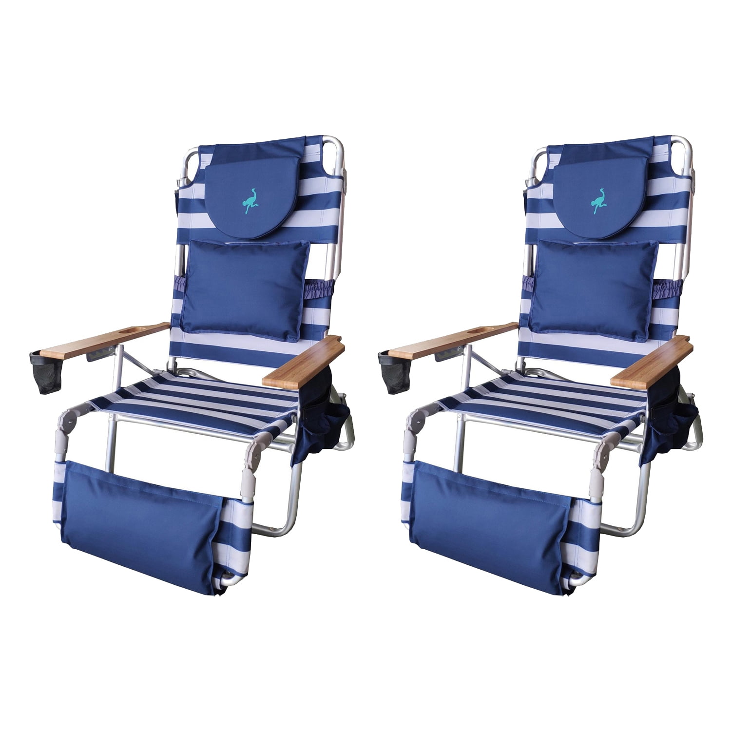 Ostrich Deluxe Padded 3-N-1 Outdoor Lounge Reclining Beach Chair Striped Blue 