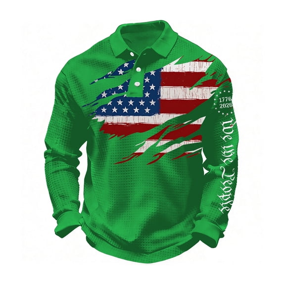 Mens Patriots Shirts We the People 250 Years Of America Shirt Long Sleeve Waffle Independence Day Polo Shirts National Flag Print Graphic Patriots Sweatshirts Green 2XL