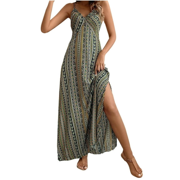 CaComMARK PI Maxi Sundresses for Women 2025 Boho Summer Beach Long Wrap V-Neck Sleeveless Casual Side Split Dress Green L(L)