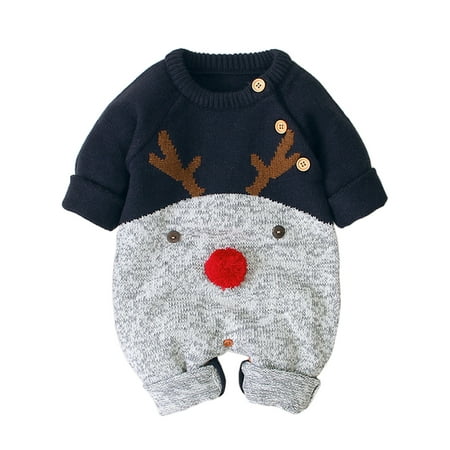 

Wrcnote Infant Jumper Top Long Sleeve Sweater Casual Travel Elk Print Bodysuit Knitted Romper Navy Blue 90cm