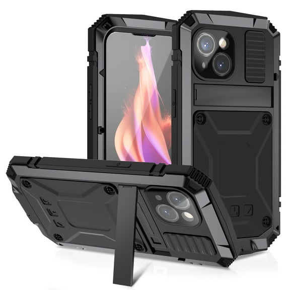 Dteck for iPhone 15 Case,Outdoor Sports Military Heavy Duty Metal Cover Shockproof Dustproof Full Body Case with Built in Tempered Glass Screen Protector Hybrid Kickstand Cover,Black