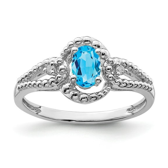 White Sterling Silver Ring Band Gemstone (12) December Swiss Blue Topaz Oval Diamond Round