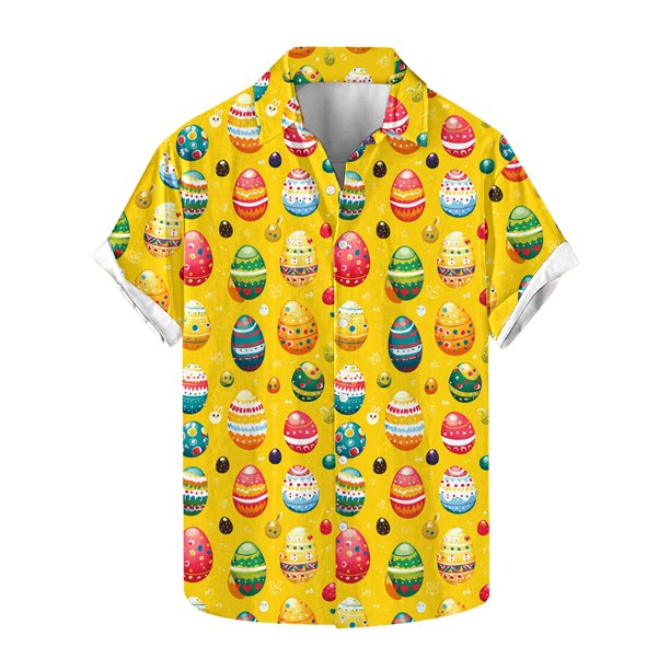 Blusas y camisas de manga corta con cuello en V Camisa estampada de Pascua para hombre Camisa abotonada Top de poliéster para hombre
