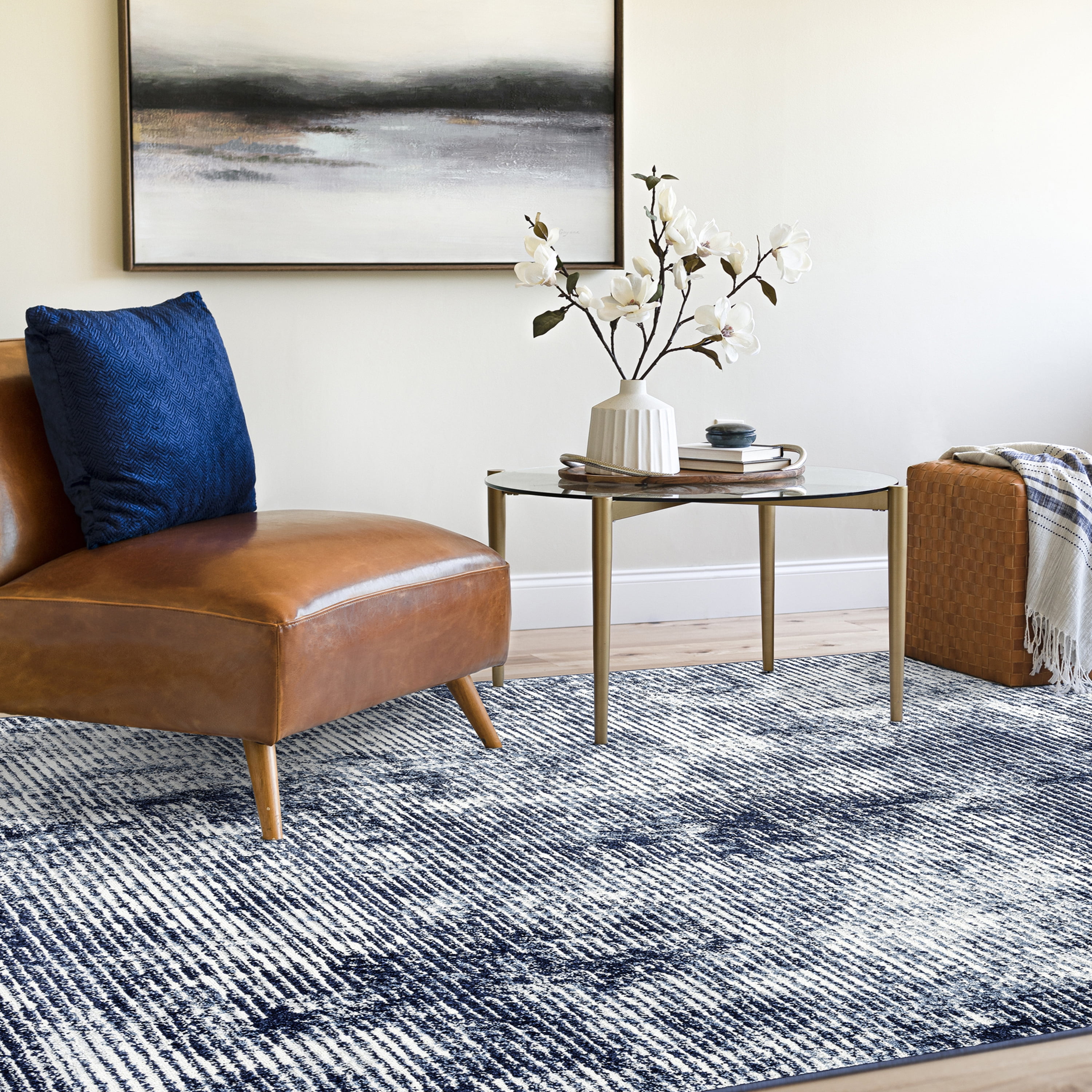 Contemporary 2x3 Area Rug (2' x 3') Abstract Navy, Cream Indoor Scatter Easy to Clean