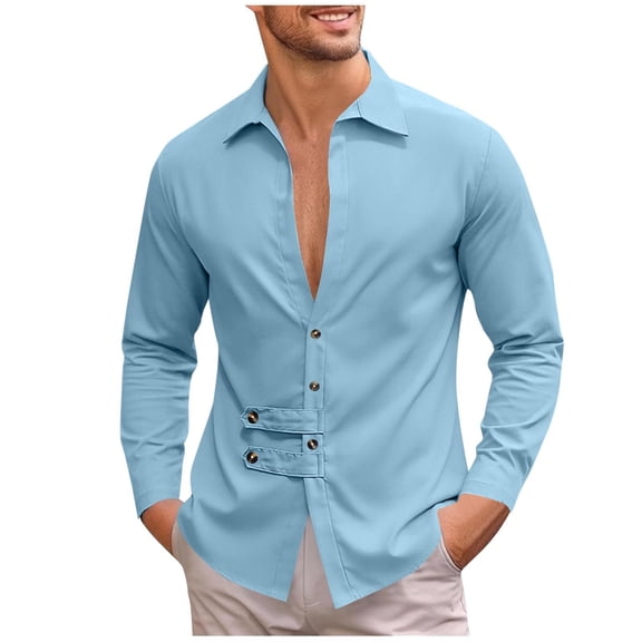 USNSM Men's Solid Color Casual Loose Fashion Long Sleeve Button Down Shirt Vintage Deep V-Neck Beach Shirts Blue XL