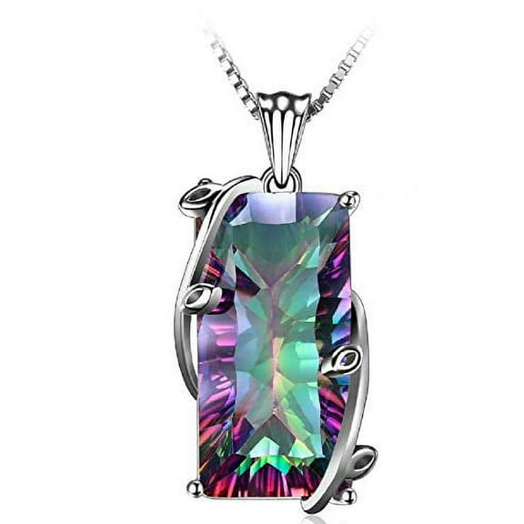 16ct Natural Fire Rainbow Mystic Topaz Necklace Charm 925 Sterling Silver Bale Vintage Fashion Women Jewelry Stainless Rope Chain