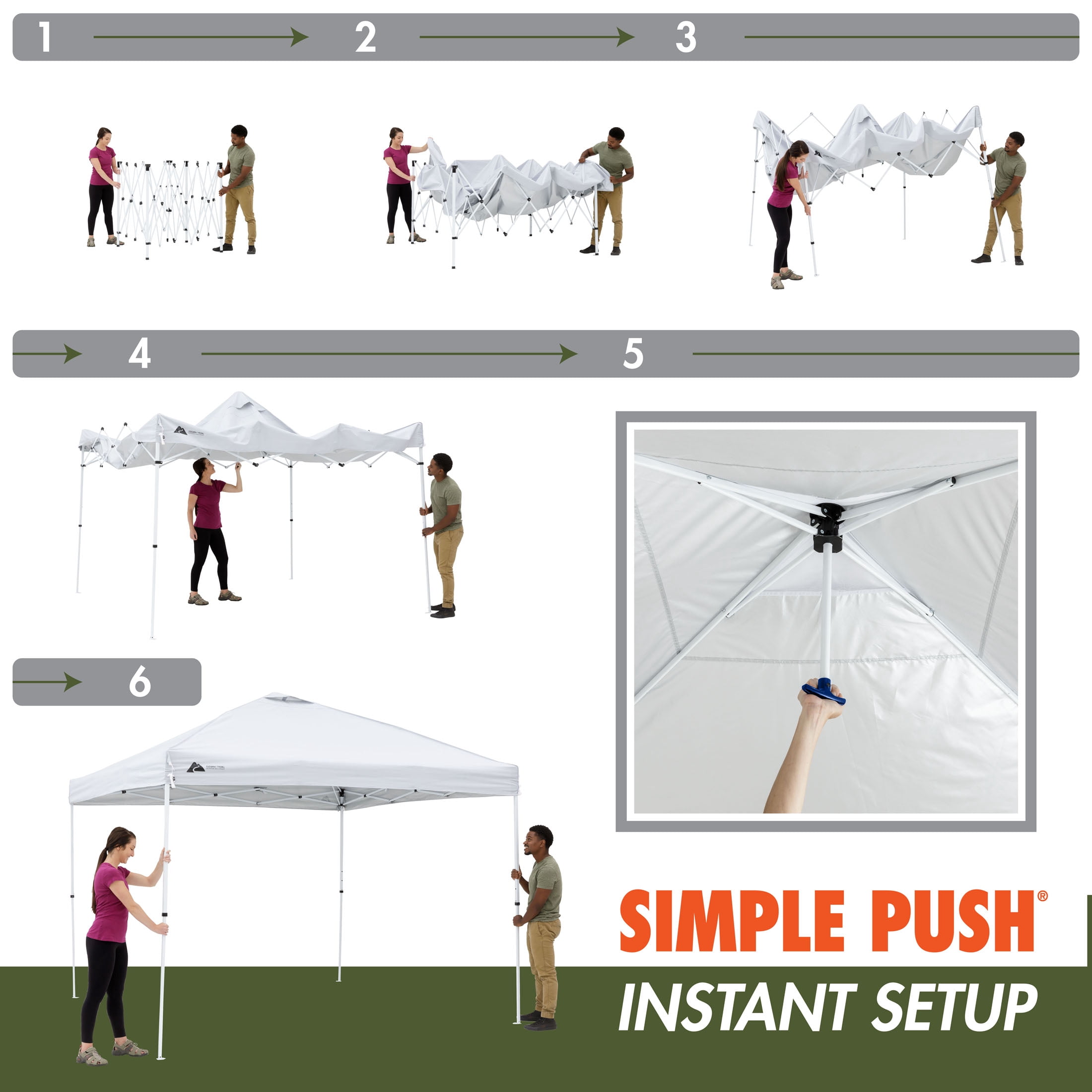 Tente auvent pop-up instantanée Ozark Trail 10 pi x 10 pi avec système Simple Push – Auvent pop-up à pieds droits pour les fêtes d’avant-match, le camping et les événements, blanc