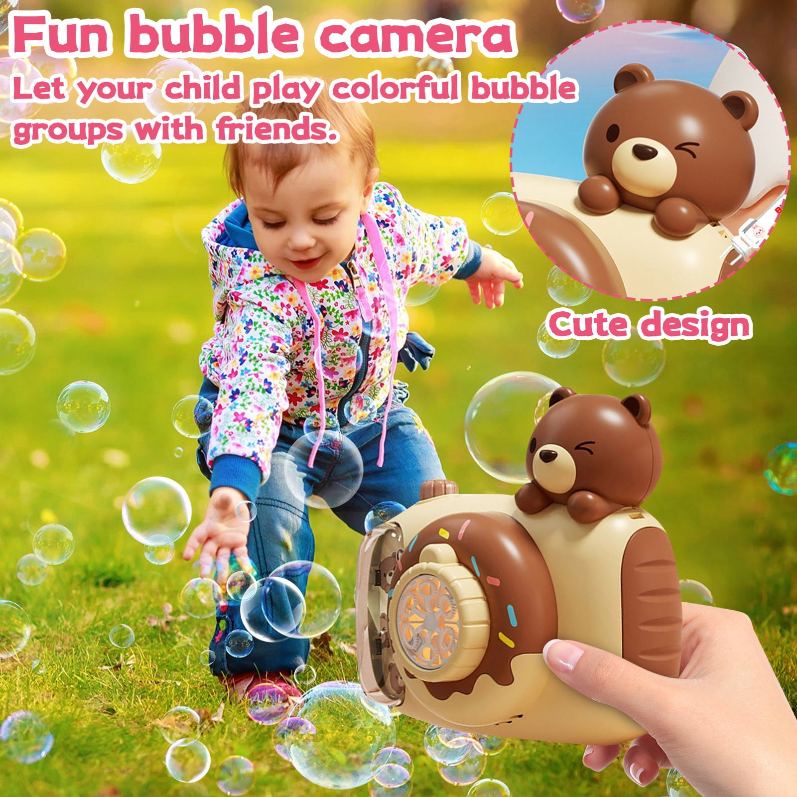 Camera Style Bubble Blower, Automatic Bubble Machine with Lights and 2x30ml Bubble Solution, Portable Bubble Maker for Party Carnival Wedding Events (Pink)