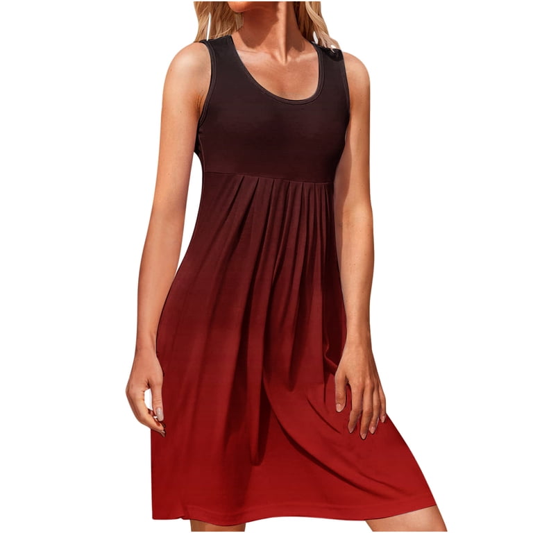 Wycnly Womens Dresses Beach Fashion High Waist Flowy Pleated Swing Tunic  Tank Knee-Length Dresses Summer Gradient Print Round Neck Sleeveless Formal  Midi Dress Wine XXL - Walmart.com