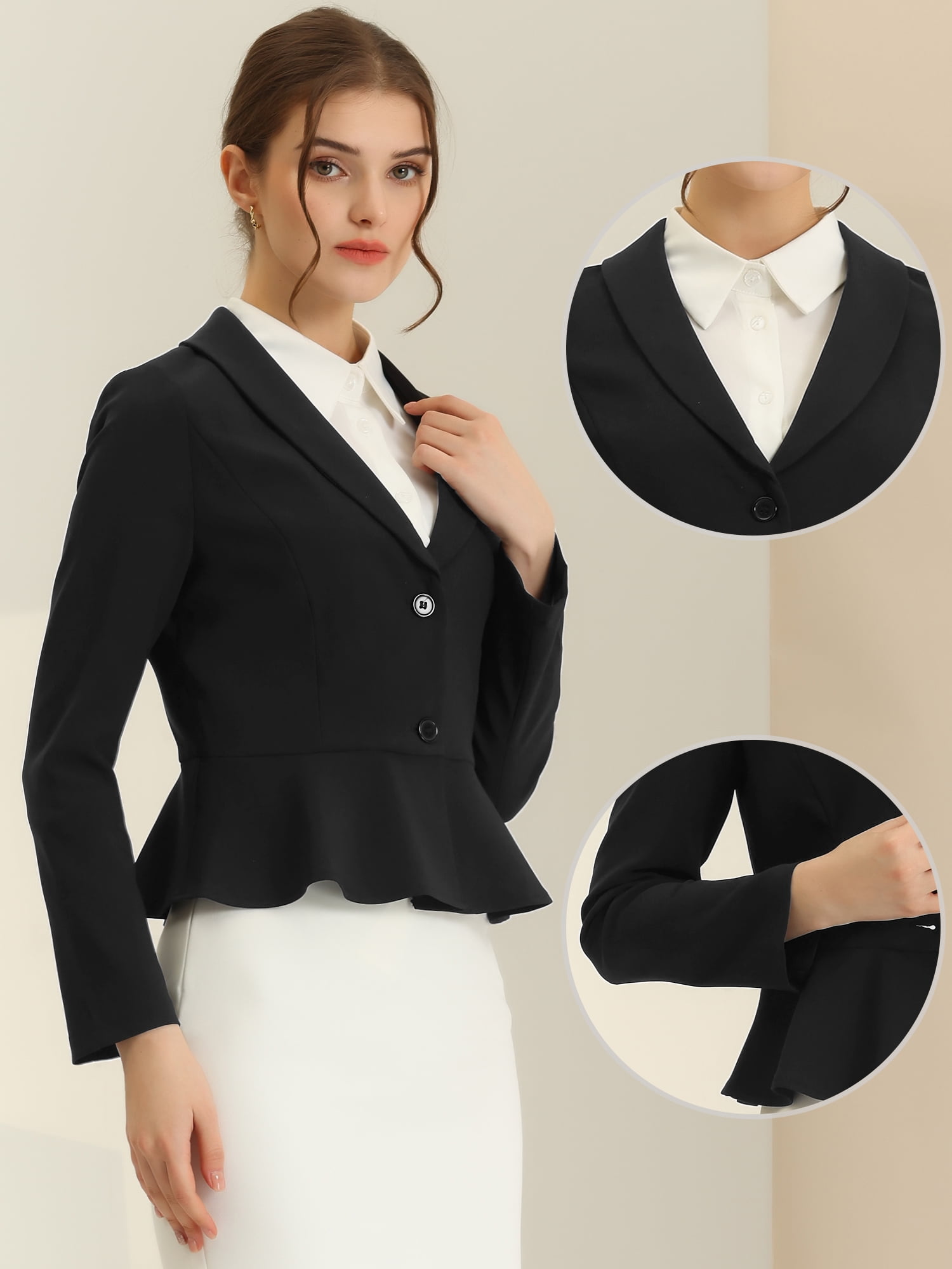 DARING DIVA Women's Vintage Shawl Collar Ruffle Hem Short Blazer L Black