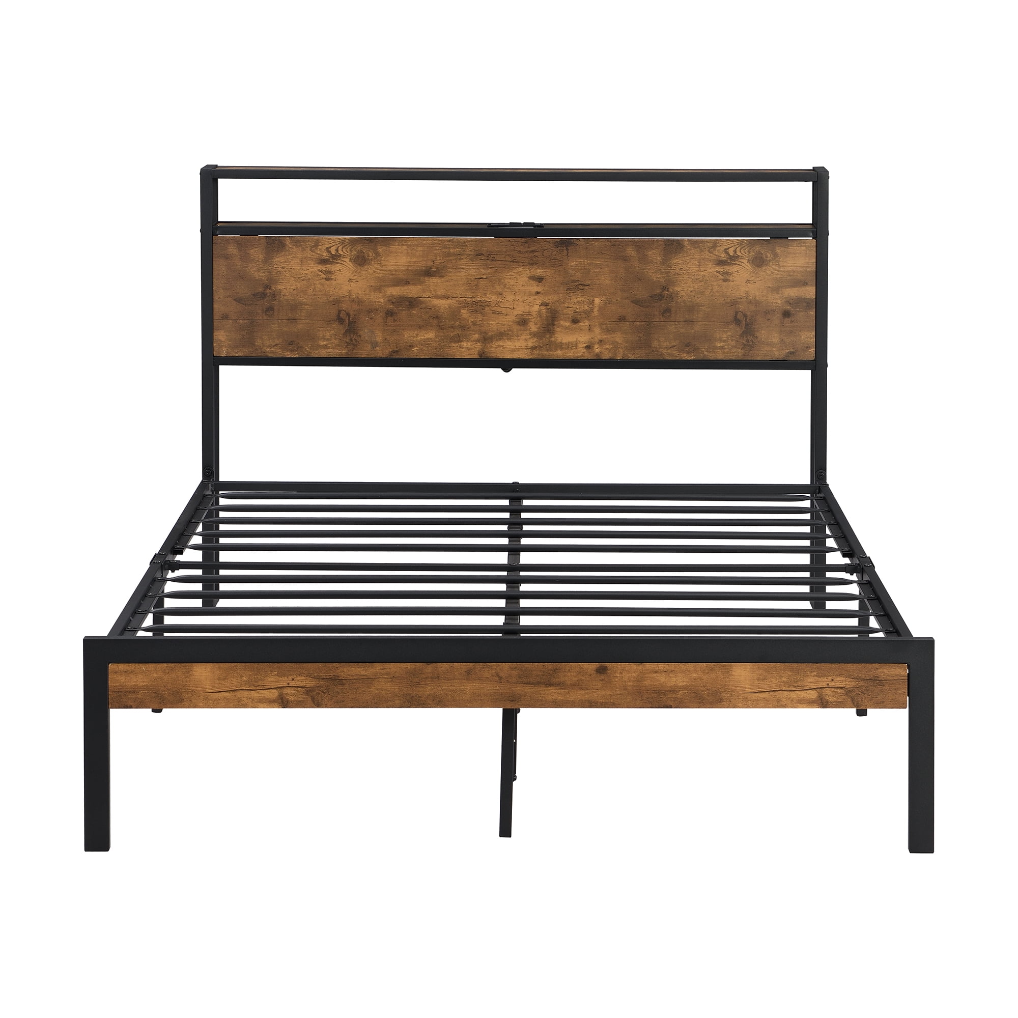 Gewnee Full-Size Metal Bed Frame with Wooden Headboard/Footboard and USB Liner, Sturdy Steel, No Box Spring Needed