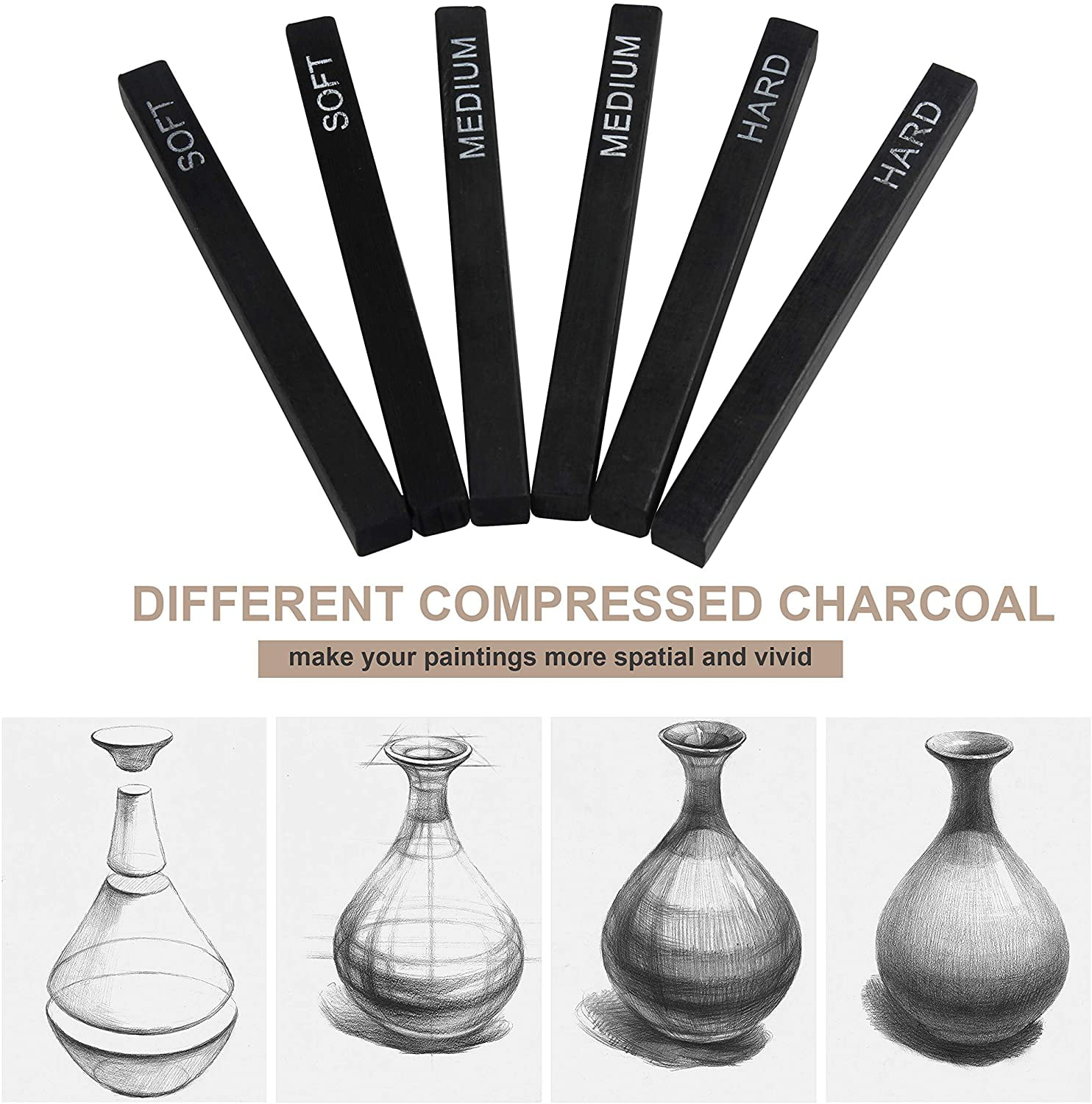 XGOPTS 6 Pack Compressed Charcoal Sticks Assorted Soft Medium Hard Artist  Sketching Drawing Shading Blending Vine Charcoal Blocks Art Supplies Sketch