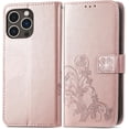 thumbnail image 2 of Cases for iPhone 14 Pro Wallet Case for Women with Card Holder Embossed Flower Clover Flip Kickstand PU Leather Magnetic Protective Cover with Lanyard for Apple iPhone 14 Pro 6.1" Rose Gold, 2 of 14