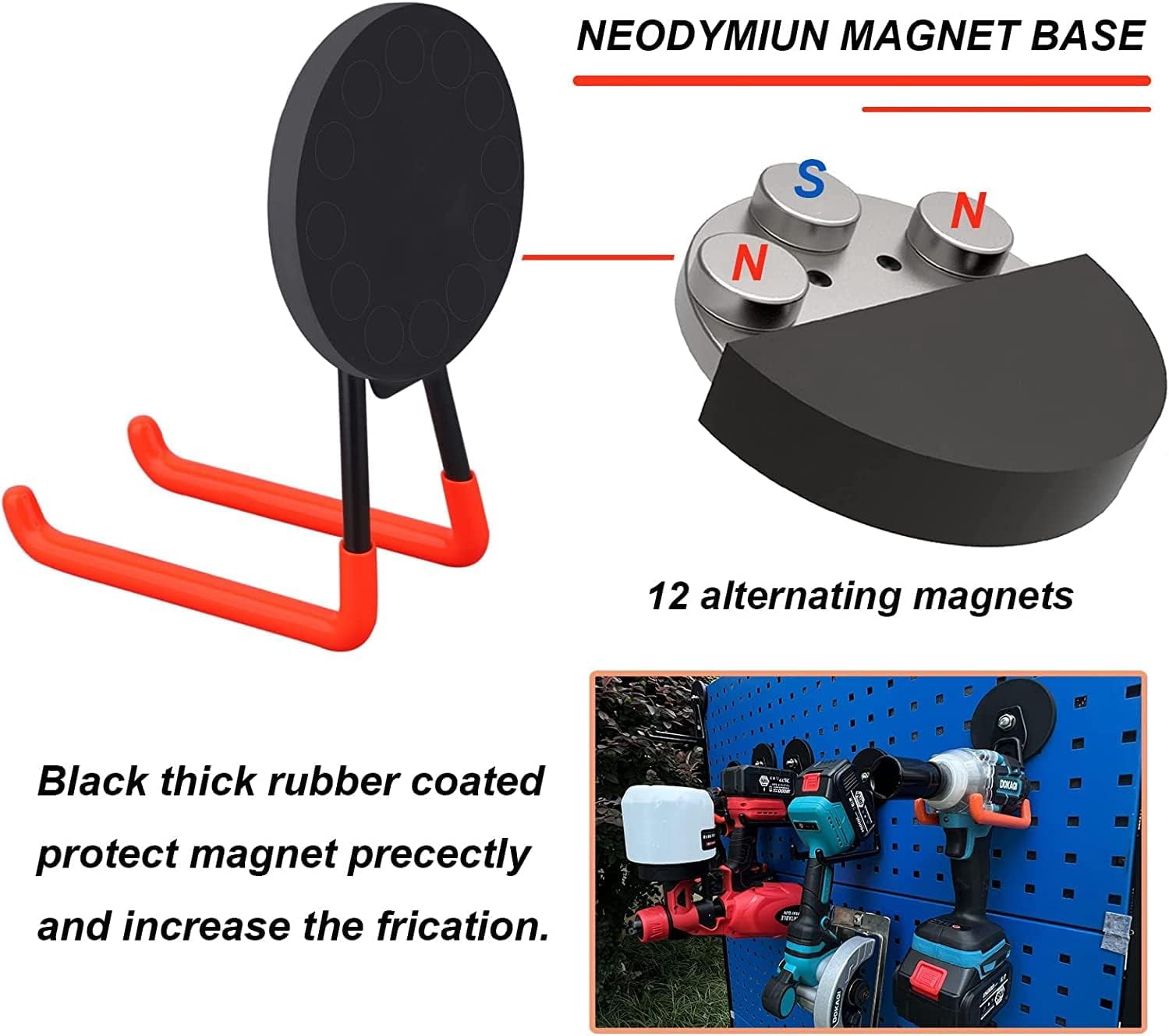 2 Pack Large Heavy Duty Garage Magnetic Hooks Anti-Slip Coated Utility Magnet Tool Organizer for Hanging Garden Hoses Pegboard