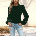 thumbnail image 2 of Lenpel Velvet Tops for Women Loose Lantern Long Sleeve Crew Neck Pleated Vintage T Shirts Dressy Casual Velour Blouses(Army Green,Small), 2 of 5