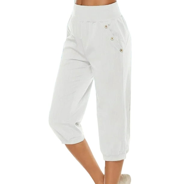 MAWCLOS Women Harem Pant Straight Leg Capri Pants High Waist Bottoms Baggy  Summer Solid Color Capris White XL