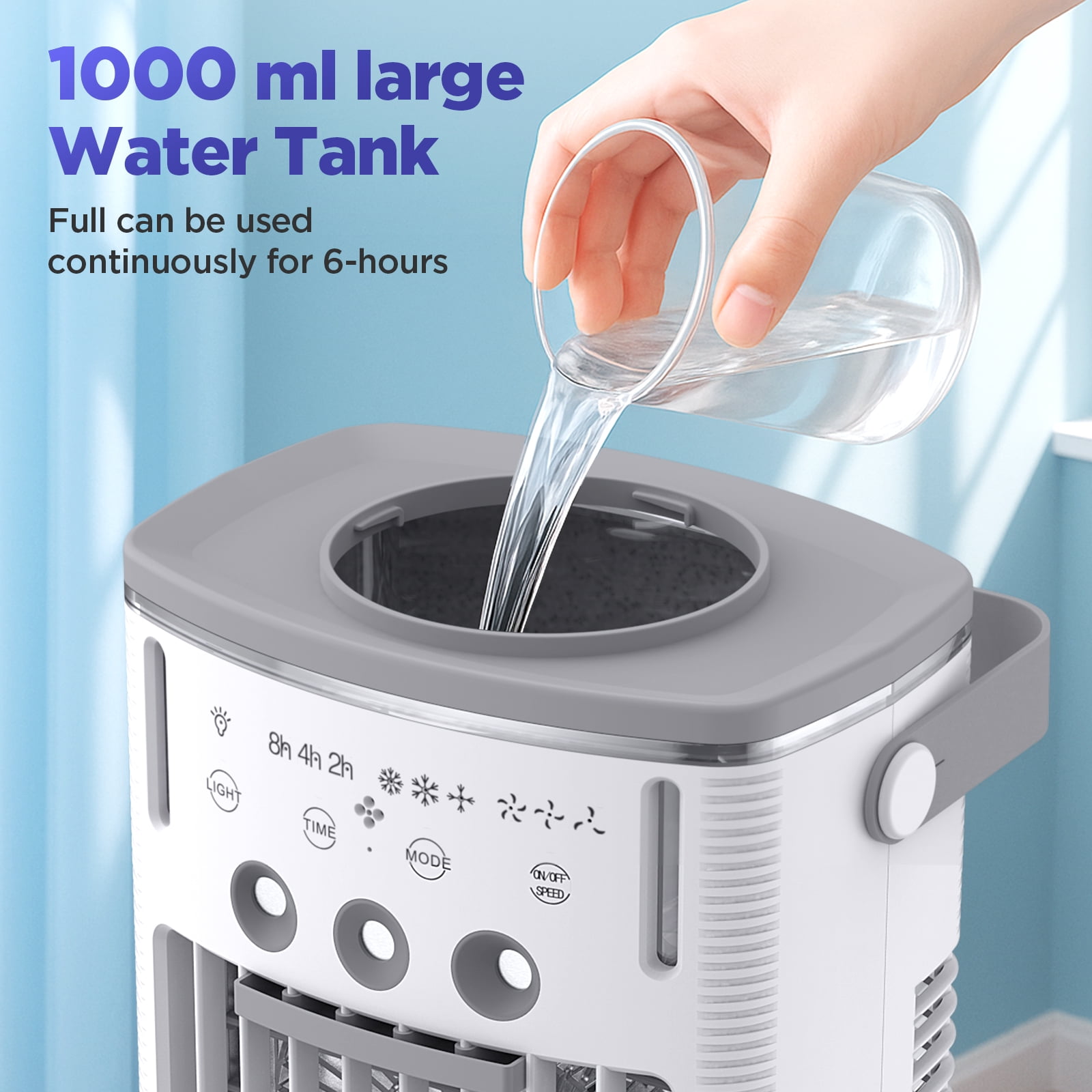 2100 RPM Quiet 4-in-1 Portable Cooling Fan with 3 Speeds, 3 Modes, 2-8 Hour Timer, 1000ml Water Tank and Colorful Night Light for Room, Camping, Car, Office Use