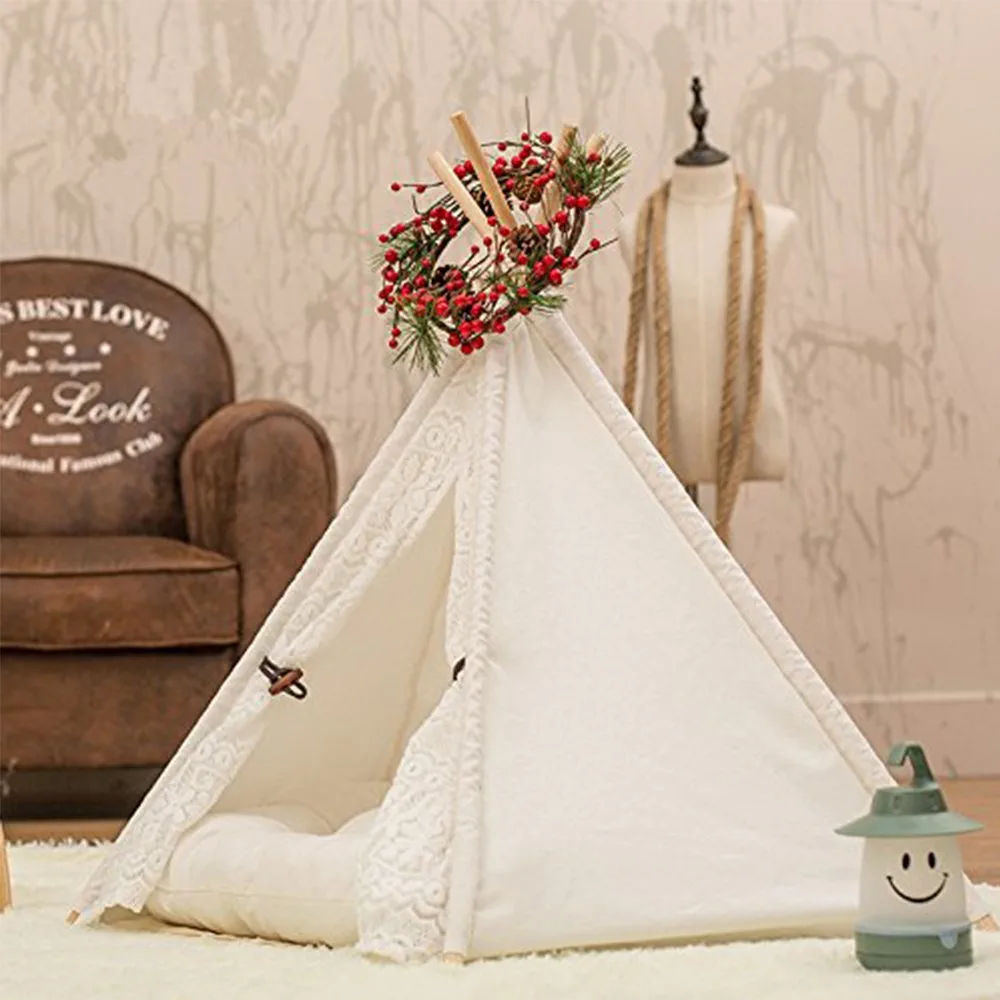DEWEL Pet Teepee Tent, Portable Washable Play House for Dogs & Cats, Lace Style Pet Bed