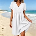 thumbnail image 4 of Ayolanni Solid Spring Dresses for Women V Neck Short Sleeve A-Line Midi Dress Flowy Dressy Cotton Vacation Dress with Pockets White XXXL, 4 of 9