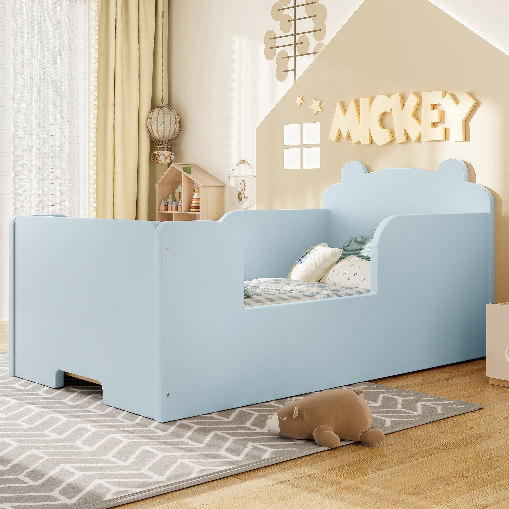 Jopath Toddler Floor Bed Frame, Cot Bed with Bear Shape Toddler Bed for Boys and Girls Blue