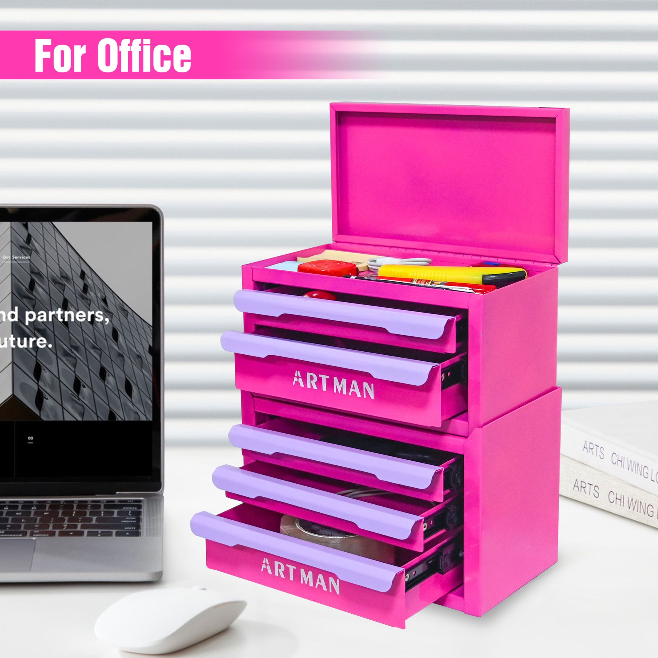 Noble House Carola Drawer-Style Desktop Storage Box, 5-Tier Stackable Steel Organizer Rack, Rose Red & Purple