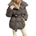 thumbnail image 3 of Women'S Stand Collar Cotton Padded Coat with Belt for Warmth Waist Tie Pockets Winter Jacket Brown M, 3 of 8