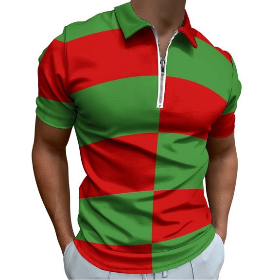 Red And Green Pattern Men Zipper T-shirt Summer Casual Short Sleeve T-shirt Top