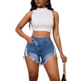 thumbnail image 4 of Women's High Waisted Ripped Denim Shorts with Pockets Frayed Raw Hem Distressed Jean Shorts for Summer Casual Wear Light Blue L, 4 of 5