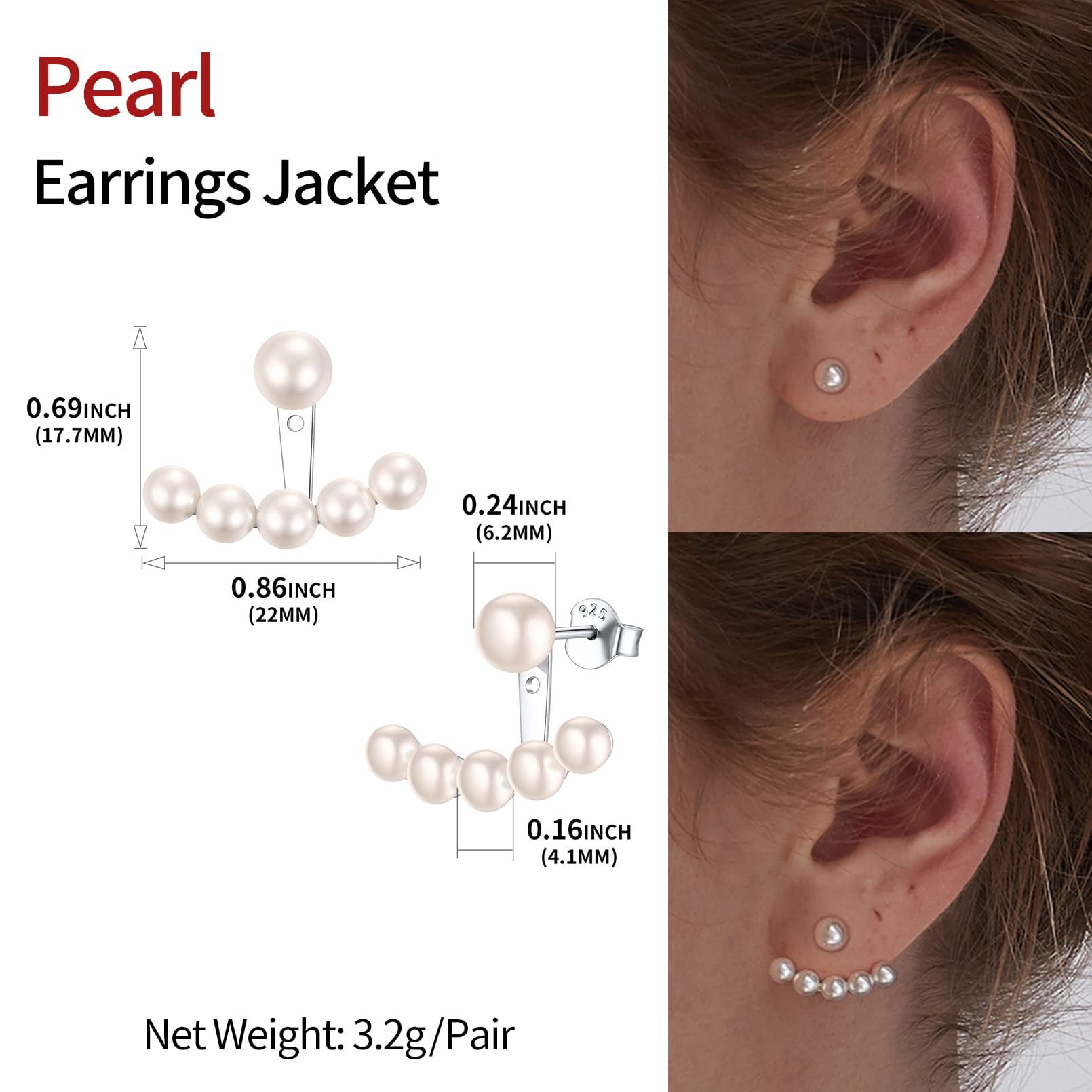 ChicSilver Ear Jacket Cuff Earrings Set Sterling Silver Round Fresh Water Pearl Stud And Jacket Ear Cuff Earrings Front Back 2 in 1