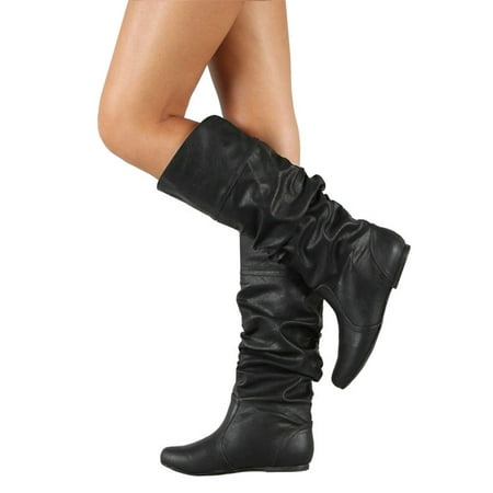 Womens Slouch Mid-Calf Boots Ladies Flat Slip On Knee High Boot Shoes