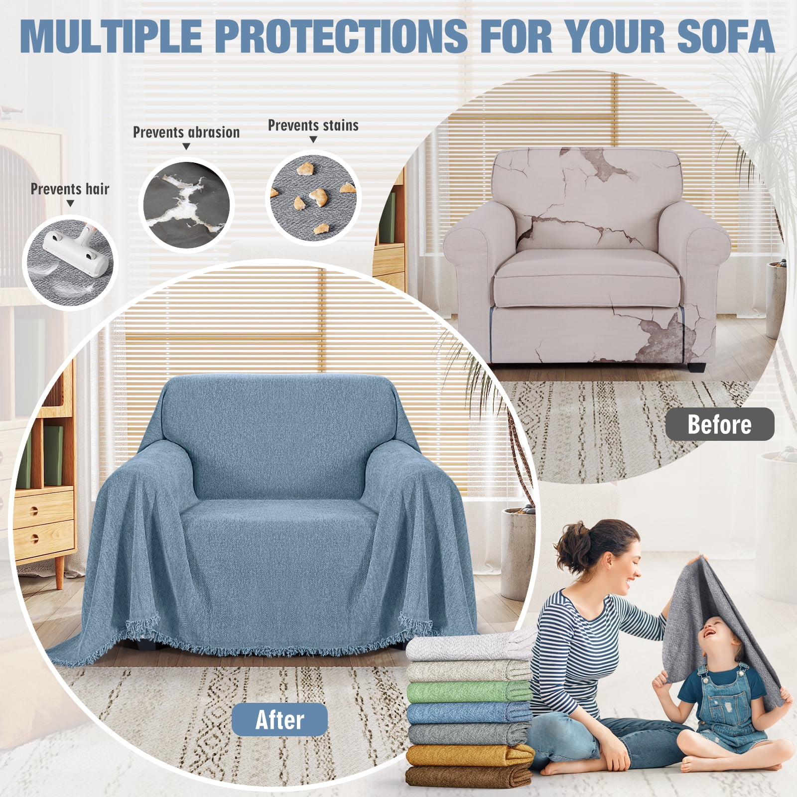 Timeles Couch Covers Washable Sofa Slipcovers with Tassels Sofa Blanket Soft Armchair Cover Durable Furniture Protector for Kids Pets (71" x 71", Blue)