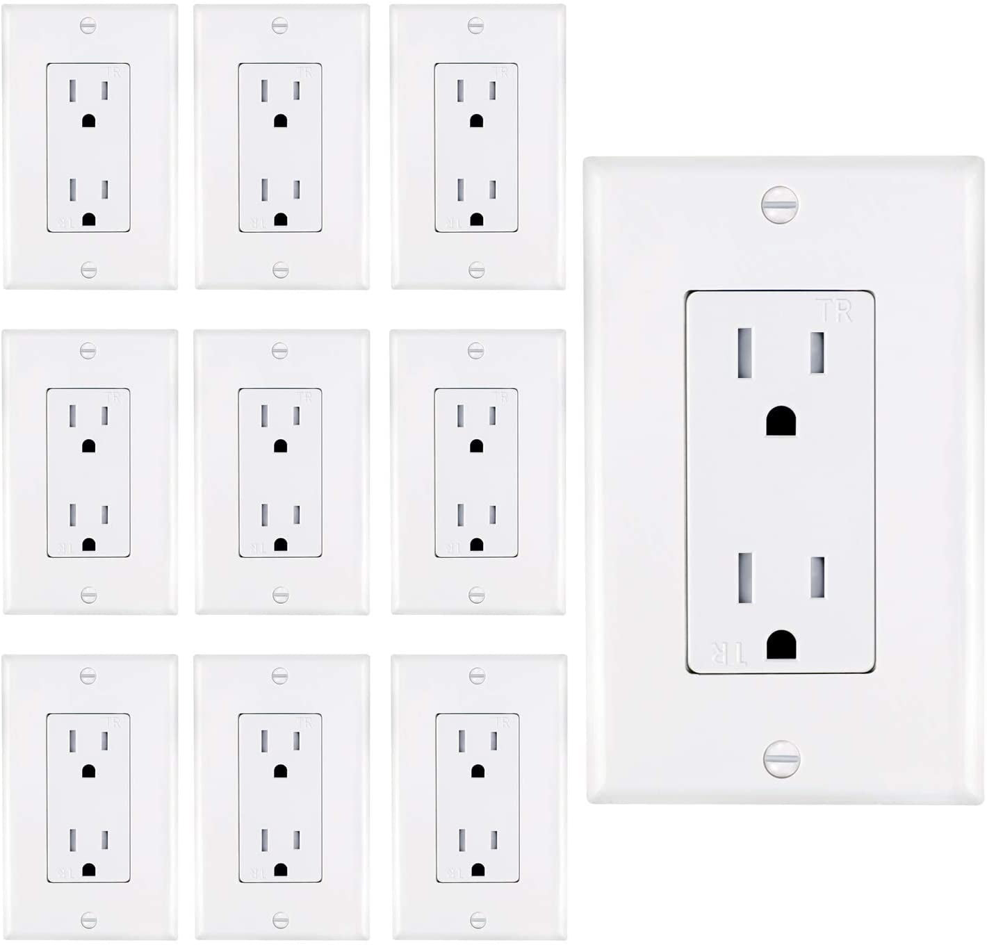 10 Pack Leviton Standard TR Duplex Receptacle Wall Outlet 15A Wall Plates Incl 