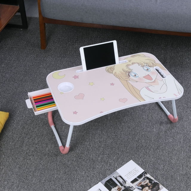Mesa de cama plegable de dibujos animados, sofá, escritorio de estudio con cajón, portavasos, soporte para teléfono, ordenador portátil, dormitorio para Sailor Moon