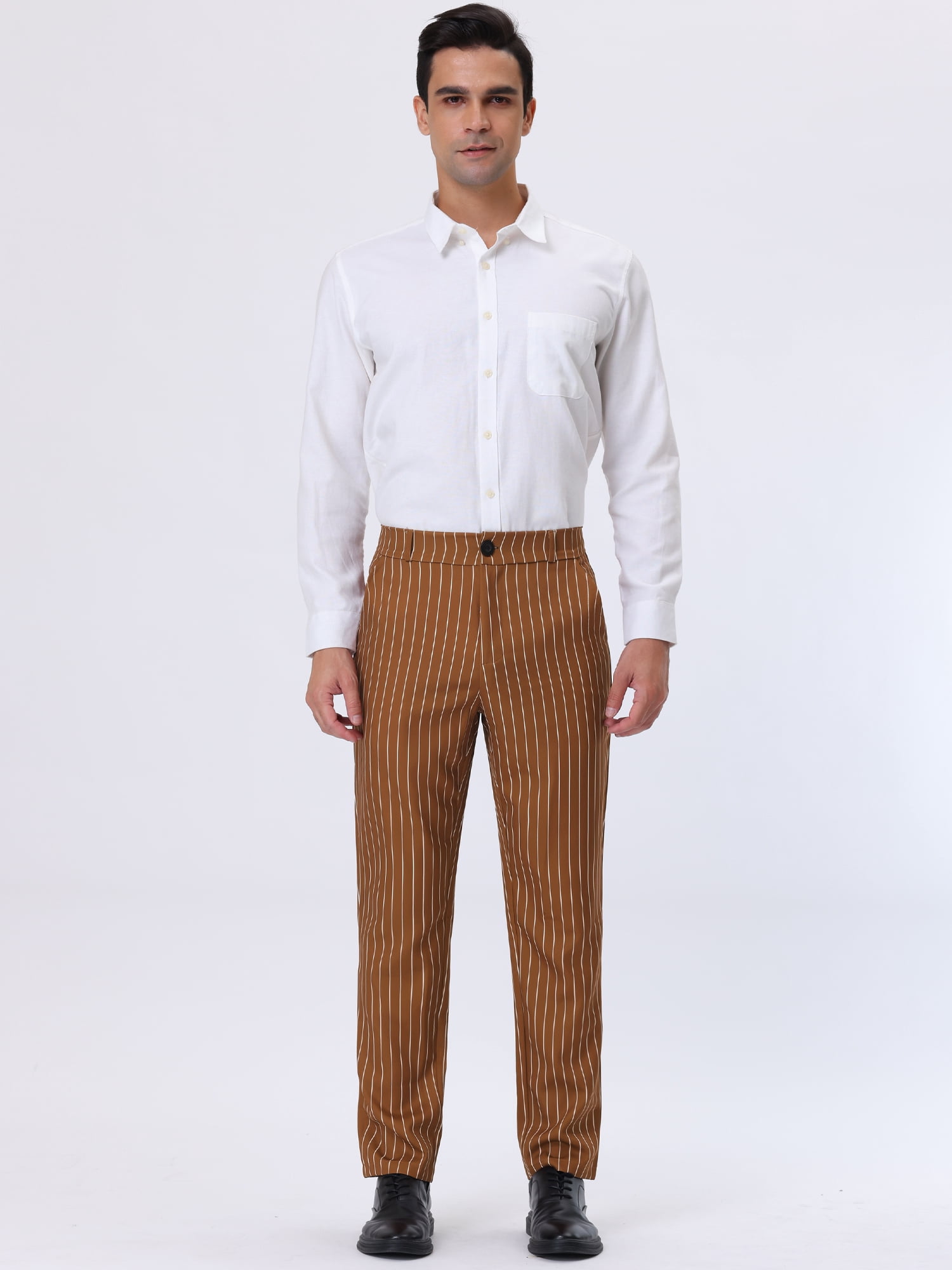 DARING DIVA Men's Striped Pants Business Color Block Straight Pants 30 Brown White