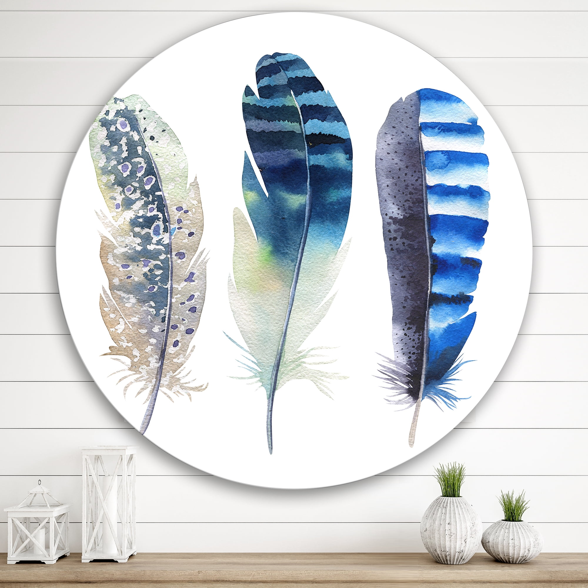 Designart 'Colourful Boho Art Feathers I' Bohemian & Eclectic Circle Metal Wall Art 36x36 - Disc of 36