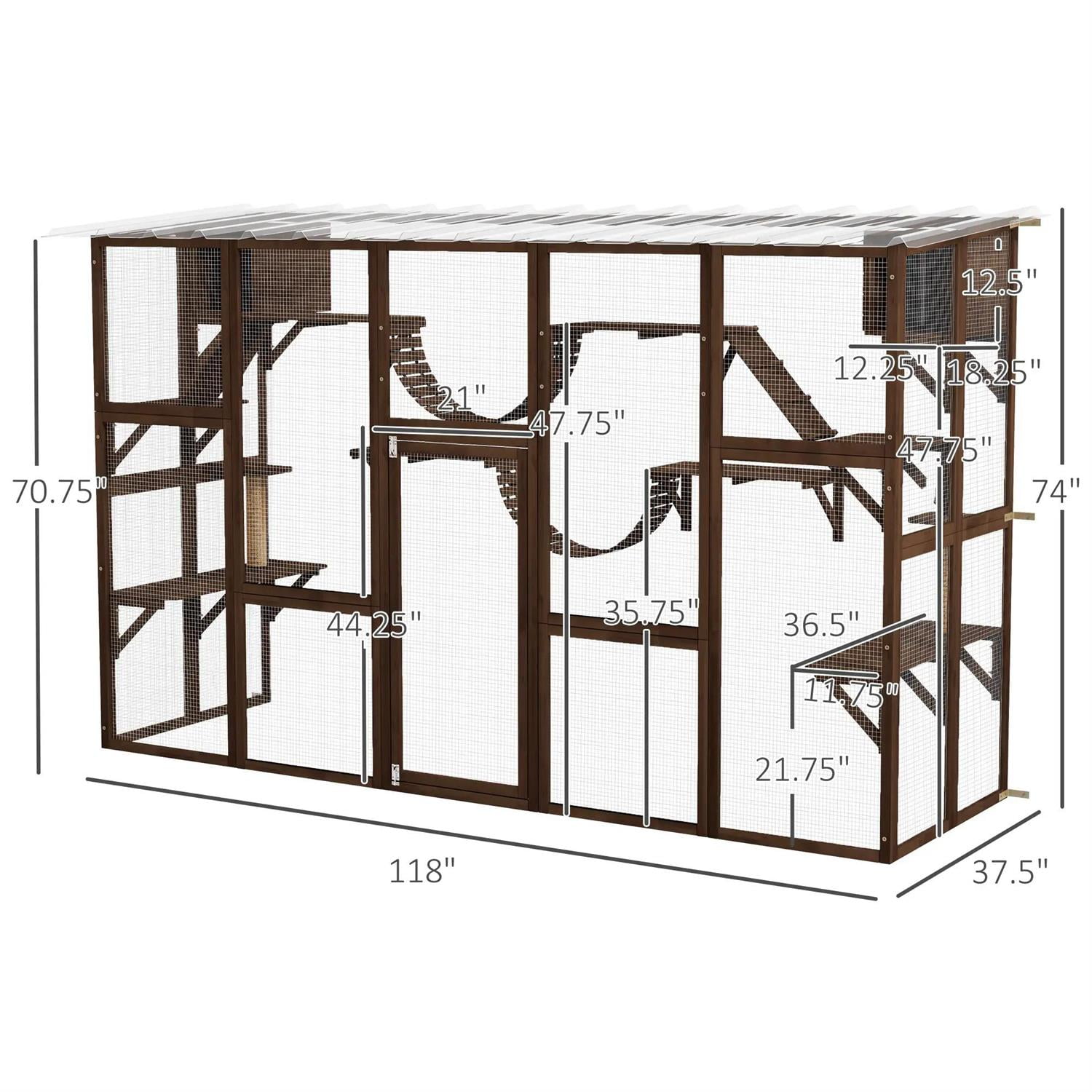 Pefilos 118" Outdoor Weatherproof Cat Cage with Shelves, Bridges, Wooden Catio House for 2-3 Kittens Cats, Indoor Cat Enclosure, Brown
